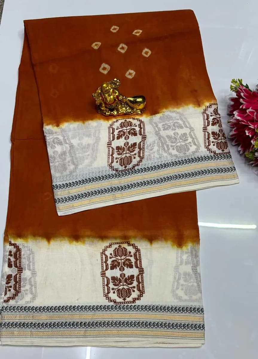 Rust Orange & Cream Pandhini Cotton Saree