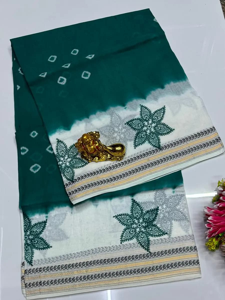 Teal & White Floral Pandhini Cotton Saree