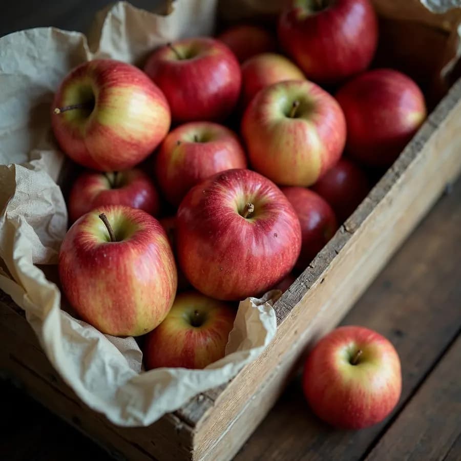 Gala apples packed in a wooden crate