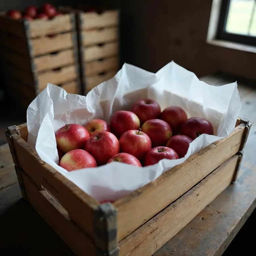 Gala apples packed into a paper-lined crate, ready for dispatch