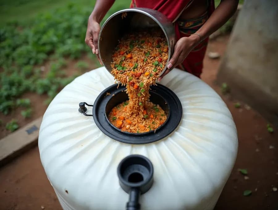 Leftover rice and vegetable peelings being tipped from a steel pot into the open inlet on top of a white tank-type home biogas unit