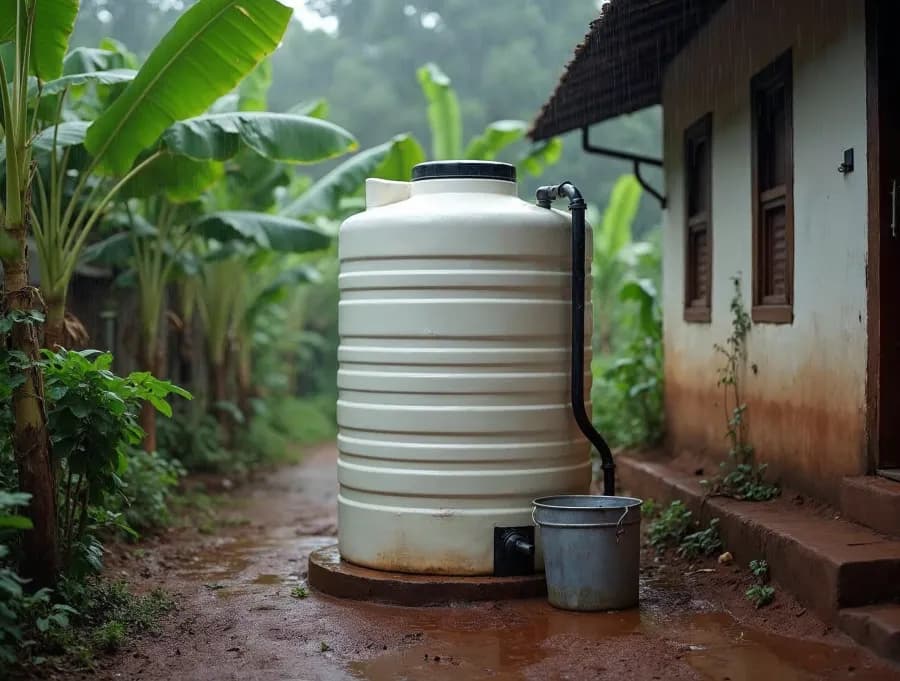 A sealed white tank-type biogas digester standing in a wet kitchen garden, its gas pipe running back to the house