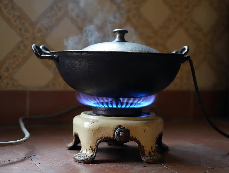A blue biogas flame burning under a cast-iron kadai on a single-burner stove in a village kitchen