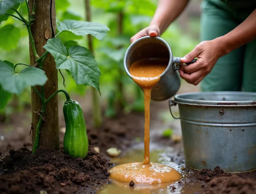 Thin brown slurry being poured from a mug onto the soil at the base of a climbing vegetable plant